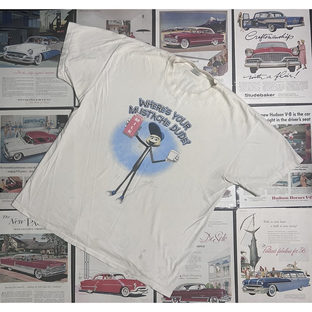 Vintage Where's Your Mustache Dude Milk Graphic T-Shirt Men's XL USA Made